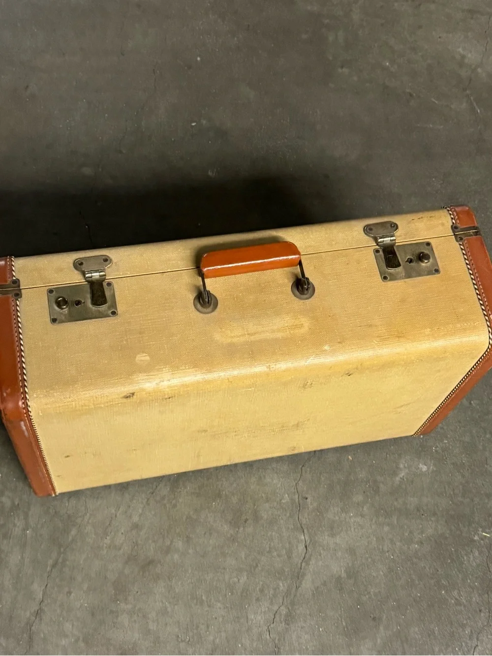 Vintage Goldpak Hard Suitcase in Tan and Brown Leather Accents